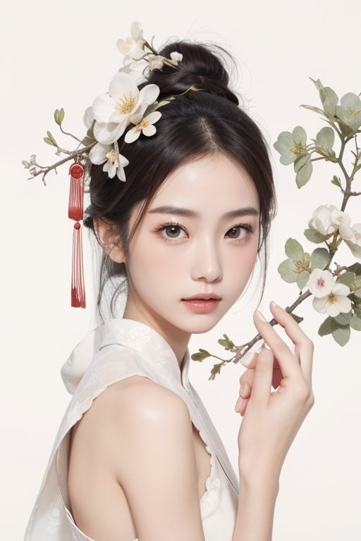 Asian female characters, graceful poses, soft colors, natural beauty makeup, in the style of traditional Chinese ink painting, soft facial features, hair accessories, empty mulberry, floating life