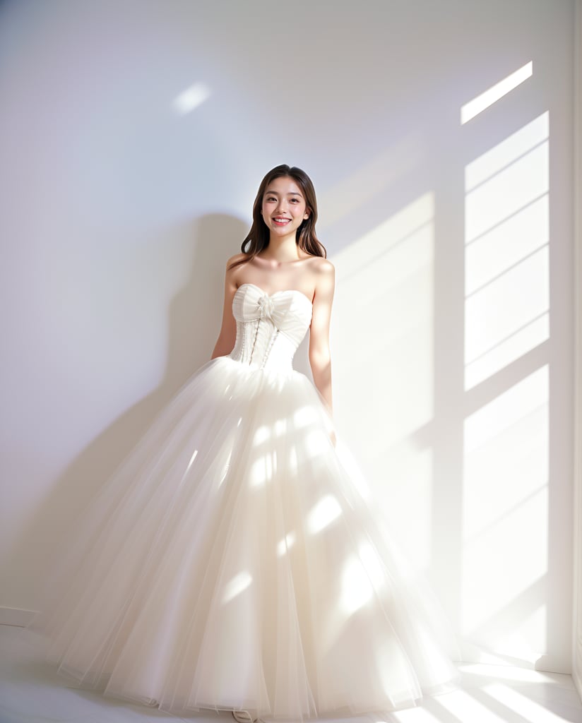 A radiant scene featuring a young woman in a strapless white gown that exudes joy and elegance. The dress, with its flowing layers of tulle, creates a soft, ethereal effect. The woman stands in front of a bright, sunlit window, casting soft shadows on the wall. Her joyful expression, with a wide smile and closed eyes, captures a moment of pure happiness and contentment. The minimalist white background enhances the simplicity and beauty of the scene, emphasizing the play of light and shadow. The overall atmosphere is one of serene joy and timeless elegance, capturing a moment of blissful radiance.