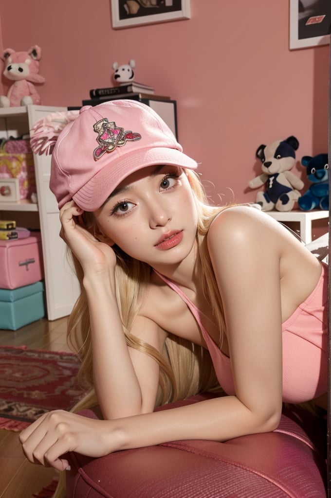 A young woman exudes a playful and trendy vibe as she lounges on the floor. She wears a pink halter top and a matching pink cap with an emblem. Her long blonde hair cascades over her shoulders. Her expression is thoughtful as she rests her head on her hand. The backdrop is a vibrant, pink-hued room filled with eclectic decorations, including neon lights and quirky plush toys. The atmosphere is fun and youthful, emphasizing her carefree and stylish personality.