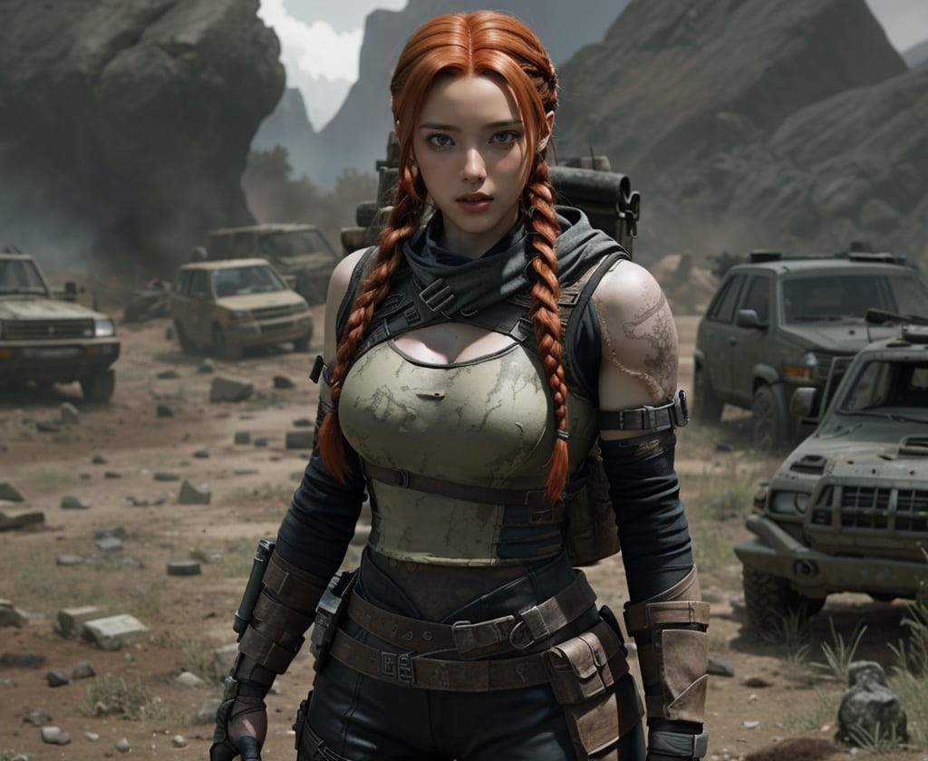 A highly detailed image of a strong, determined woman in a post-apocalyptic mountain setting. She has long, braided red hair and wears a form-fitting black tactical outfit with straps and belts. The background features a rugged, barren landscape with improvised vehicles and scattered debris. The woman stands confidently in the foreground, exuding strength and readiness for survival in a harsh environment. The overcast sky adds to the grim atmosphere, highlighting her resilience.,3va,Young beauty spirit,Indian,Woman,Indian tradition,Niji,Midjourney