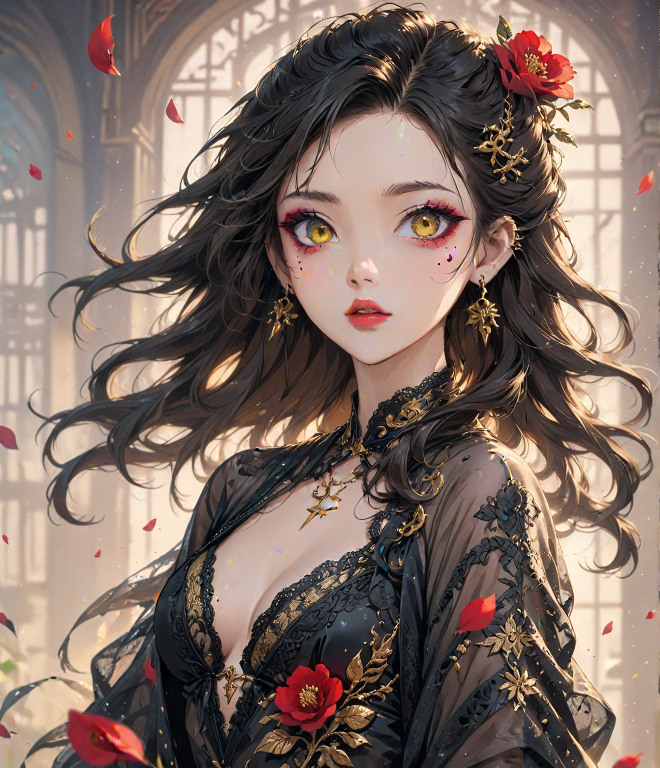 Masterpiece, 4K, ultra detailed, modern anime style, beautiful female singer with flawless makeup, beautiful detailed eyes and glossy lips, golden earring, wavy hair, sheer lace robe, romantic flower petals, windy, depth of field, SFW, more detail XL, punk art style,huayu