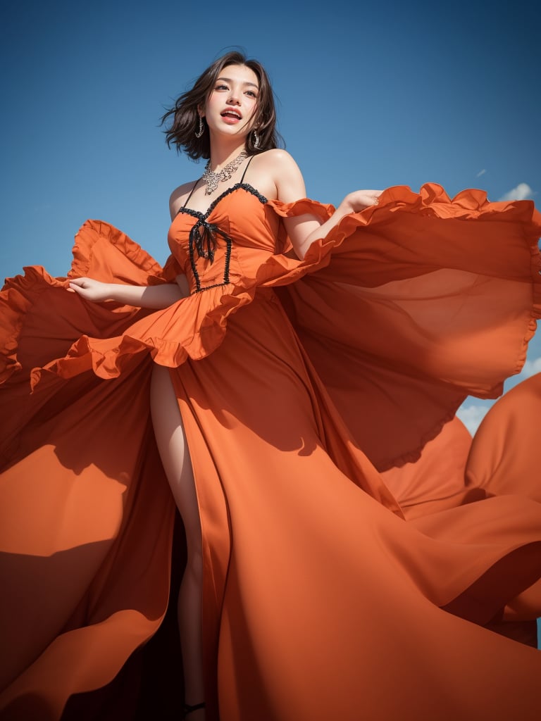 A vibrant and joyful young woman is captured in mid-laughter against a clear blue sky. She is smiling. She wears a stunning orange dress with intricate ruffles and delicate black patterns, which billow around her in a dynamic display of movement and color. The dress, with its layers of fabric, creates a dramatic and lively scene, emphasizing her exuberance and energy. Her short hair and minimal accessories draw attention to her radiant smile and expressive eyes. The low-angle shot enhances the sense of freedom and celebration, highlighting the contrast between the vibrant orange dress and the serene blue background, 8k,(masterpiece:1.4)(best quality:1.4),(top quality), 1girl,blue eyes, long hair curly, smiles, looking at viewer, solo focus, (shiny skin)