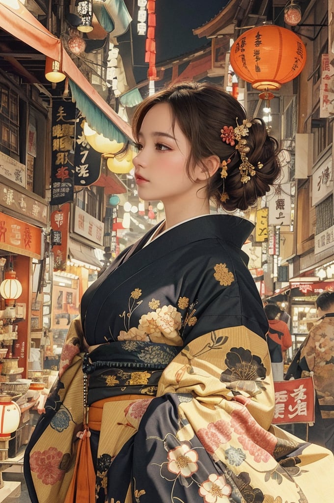 Create a highly detailed anime-style illustration of a young woman in a festive, bustling street filled with lanterns and banners. She has a delicate and serious expression, with her dark hair styled in an elaborate updo adorned with red and gold hair ornaments. She wears a traditional black and red kimono with intricate patterns of dragons and flowers, complemented by a large red obi. She is  wearing a mitt on her right hand . The mitt should be intricately designed with detailed patterns, blending elements of traditional Japanese art and modern abstract motifs. Use a color palette that includes dark, muted tones with subtle highlights to emphasize the texture and detail of the mitt. The background shows a vibrant street festival with blurred figures and warm, glowing lights creating a lively and enchanting atmosphere.,J ONI,ELIGHT