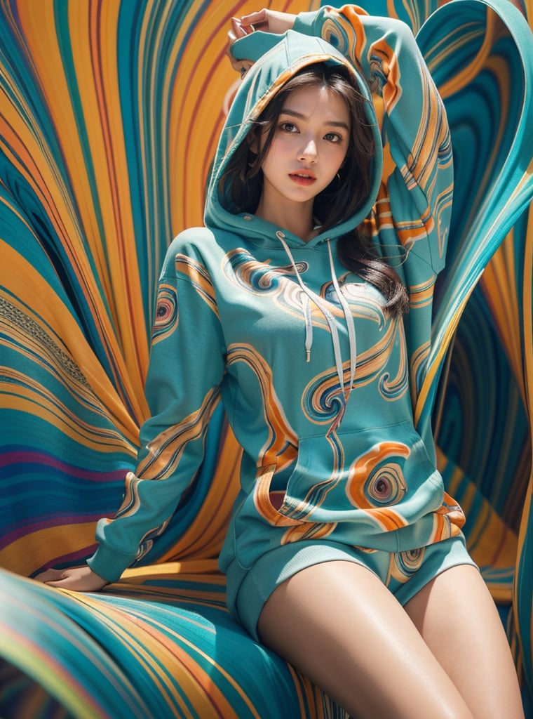 A stunning portrait of a young woman dressed in a vibrant, multicolored hoodie with swirling patterns of blue, orange, and teal. Her long, flowing hair cascades down her shoulders, complementing the intricate design of her outfit. The background mirrors the psychedelic patterns of her attire, creating a seamless, mesmerizing effect. The woman's expression is calm and confident, her gaze directed towards the viewer. The overall scene exudes a sense of bold, artistic flair and modern fashion.