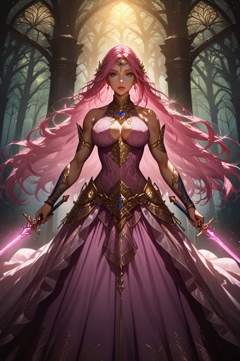 Create a detailed concept art of a powerful female warrior with flowing pink hair, blue eyes, and an elegant dress featuring intricate patterns and gold embellishments. Arm her with an ornate, enchanted sword radiating magic. Set in a lush forest with vibrant foliage and atmospheric lighting, highlight her muscular, fit physique, large breasts, and sexy, erotic aura as she wields her sword with unwavering confidence and determination.