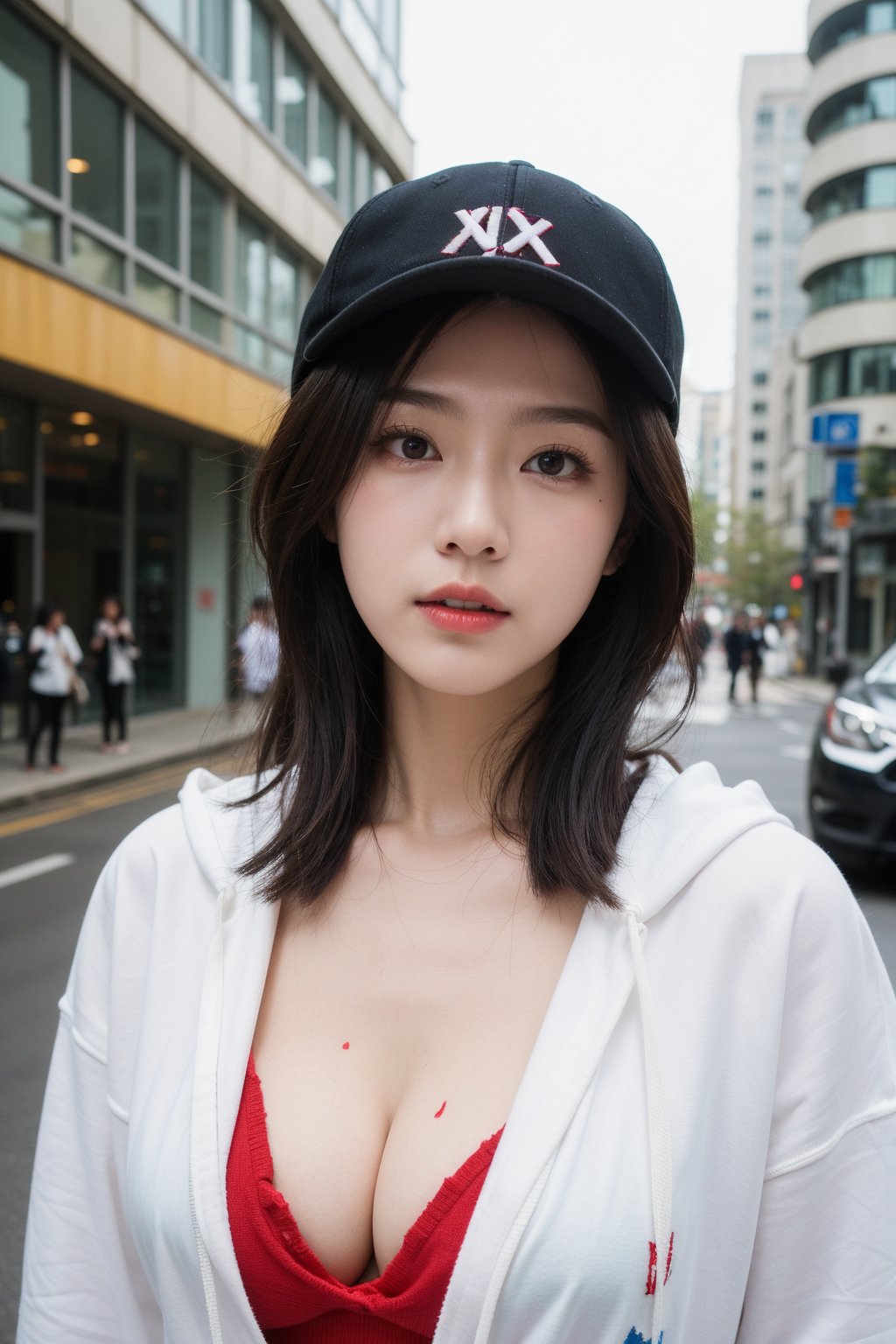 (masterpiece:1.2),1girl,pale_skin,realistic skin,chinese,A street-savvy vixen wearing a spray paint-splattered hoodie,and a cap turned backwards,leaving her mark on the urban canvas,huge breast,cleavage,vibrant colors,black hair,outdoors,