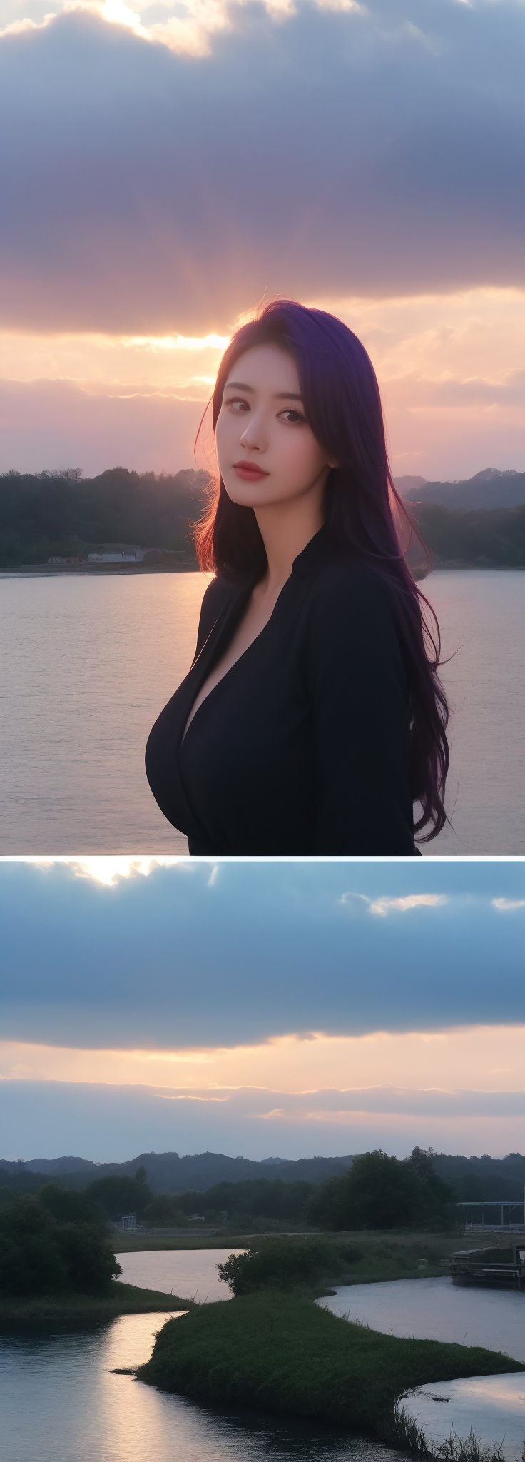 Best work, (Best quality, ,HDR, 8k, 32k, raw photo, photorealistic, UHD:1.2), beautiful 20 year old girl in long black dress at the lakeside in a forest, eyes, purple hair, detailed face, perfect face, pond, dark sky, lights in the background, realism, red sky, detailed sky, realistic clouds, sun, bright environment, late afternoon, sun rays in the clouds,idol,Korean,perfect light,korean,beauty