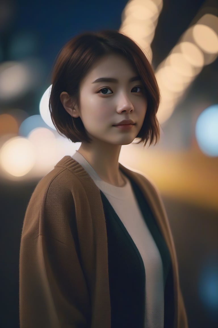  aesthetic portrait, 1girl,solo, short hair, bokeh, depth of field, cinematic, nighttime 