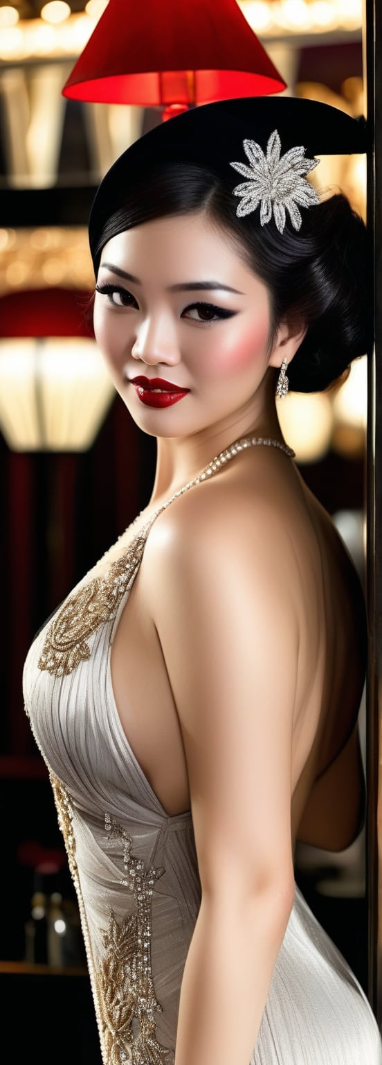 A sultry Vietnamese beauty posing seductively in a lavish 1920s-inspired evening gown, her curves accentuated by the plunging neckline and a sly smile playing on her lips. Red lipstick shines like a beacon in the dimly lit casino club, where cigarette smoke wafts lazily through the air. She gazes directly at the camera, a French hat perched atop her head, adding to her exotic allure.