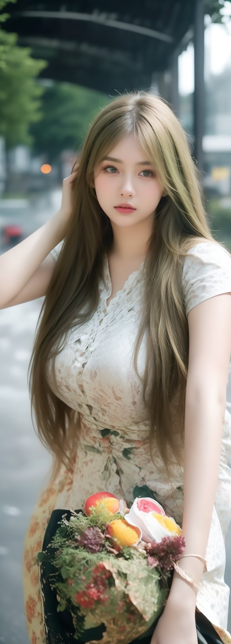 lovely  cute  young  attractive  Europe teenage  girl  in  a  pretty foreign dress,  23  years  old  ,  cute  ,  an  Instagram  model  ,  long  yellow-green_hair  ,  winter  ,  on the road  .  , „ Europe 