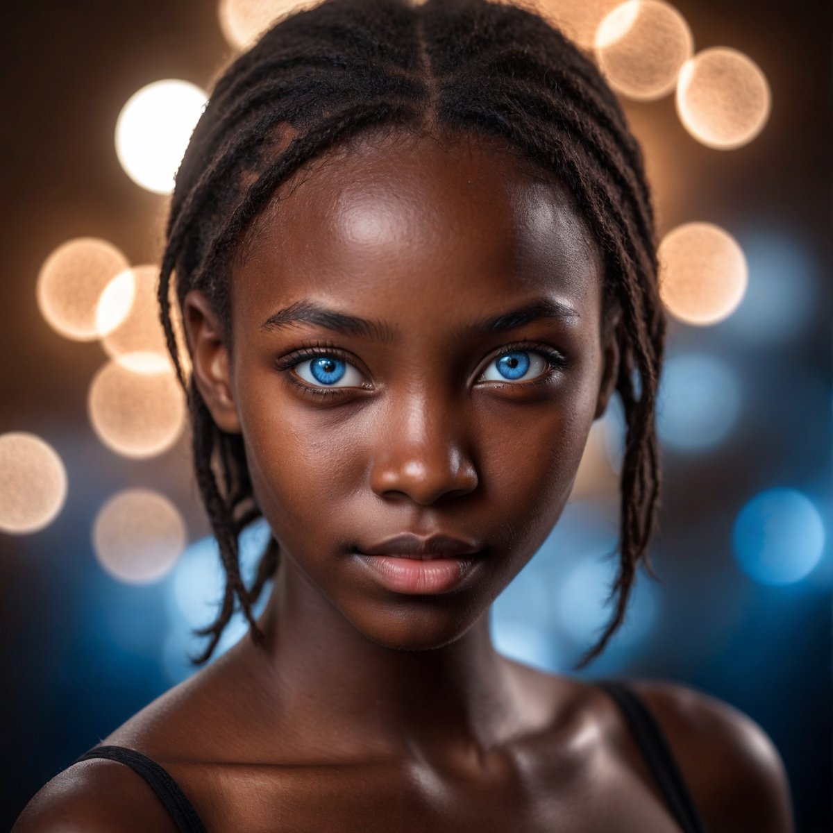a young african woman, blue eyes, face portrait, high quality photography, 3 point lighting, flash with softbox, 4k, Canon EOS R3, hdr, smooth, sharp focus, high resolution, award winning photo, 80mm, f2.8, bokeh