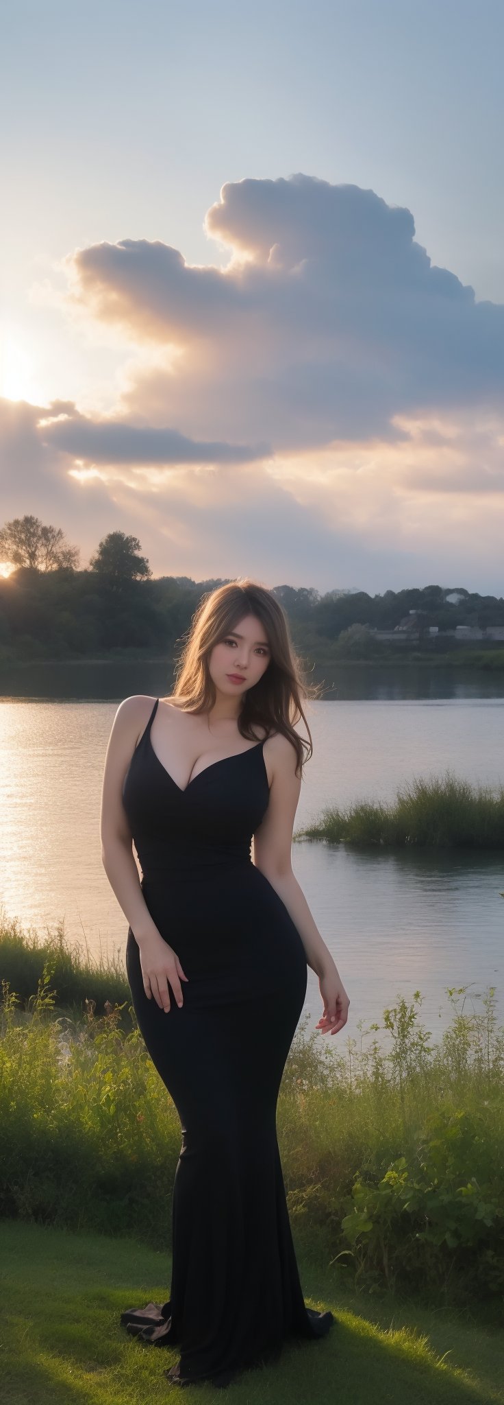 Best work, (Best quality, ,HDR, 8k, 32k, raw photo, photorealistic, UHD:1.2), beautiful 20 year old girl in long black dress at the lakeside in a forest, eyes, gray hair, detailed face, perfect face, pond, dark sky, lights in the background, realism, red sky, detailed sky, realistic clouds, sun, bright environment, late afternoon, sun rays in the clouds,idol,Korean,perfect light,korean,beauty