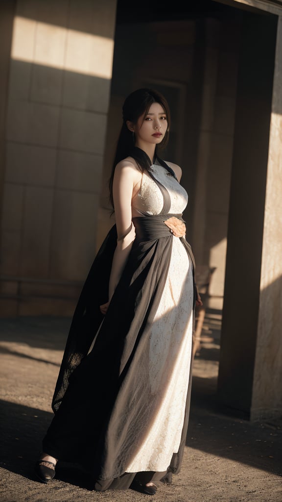 A 45yr beautiful women named Zhao lusi standing pose full body potrait highly detailed realistic face with lighting and shadow control on face and hair photorealistic,Lens Flares,perfect split lighting,shaded face,Young beauty spirit , ,cinematic lightings,1 girl,Extremely Realistic