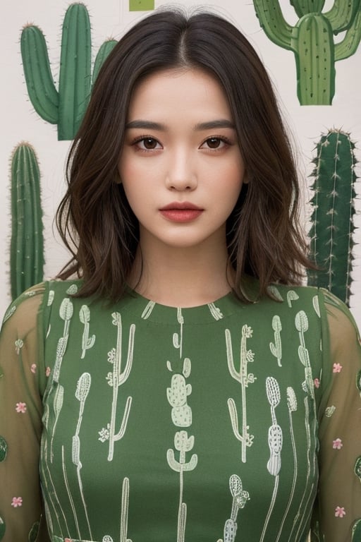 The portrait shows a woman wearing a green dress adorned with cactus-shaped patterns. She is surrounded by a collection of various cacti, some of which have bloomed with flowers. One cactus in particular has grown in the shape of her face, creating a humorous visual pun. The woman is in the center of the portrait, with her cactus collection surrounding her. The face-shaped cactus is placed next to her head, creating a visual connection between the two. The variety of cacti shapes and sizes creates a visually interesting scene, while the color palette of greens and earth tones ties everything together.