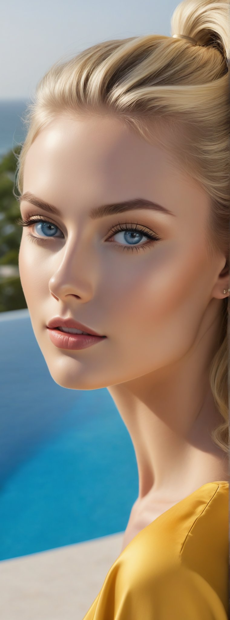 Captured from the perspective of a professional camera, an elegant supermodel with flowing blonde hair and stunning blue eyes lies gracefully by the infinity pool, her sleek ponytail and stylish long yellow shirt adding to her allure. This image, whether a photograph or a painting, exudes luxury and sophistication. The model's perfect features, radiant beauty and impeccable sense of style create a mesmerizing, high-quality visual experience.