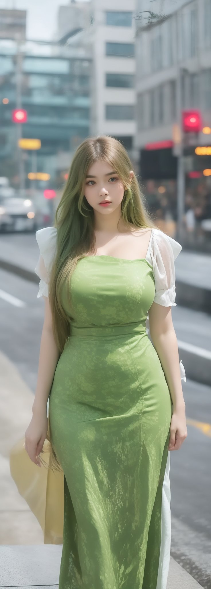 lovely  cute  young  attractive  Europe teenage  girl  in  a  pretty foreign dress,  23  years  old  ,  cute  ,  an  Instagram  model  ,  long  yellow-green_hair  ,  winter  ,  on the road  .  , „ Europe 