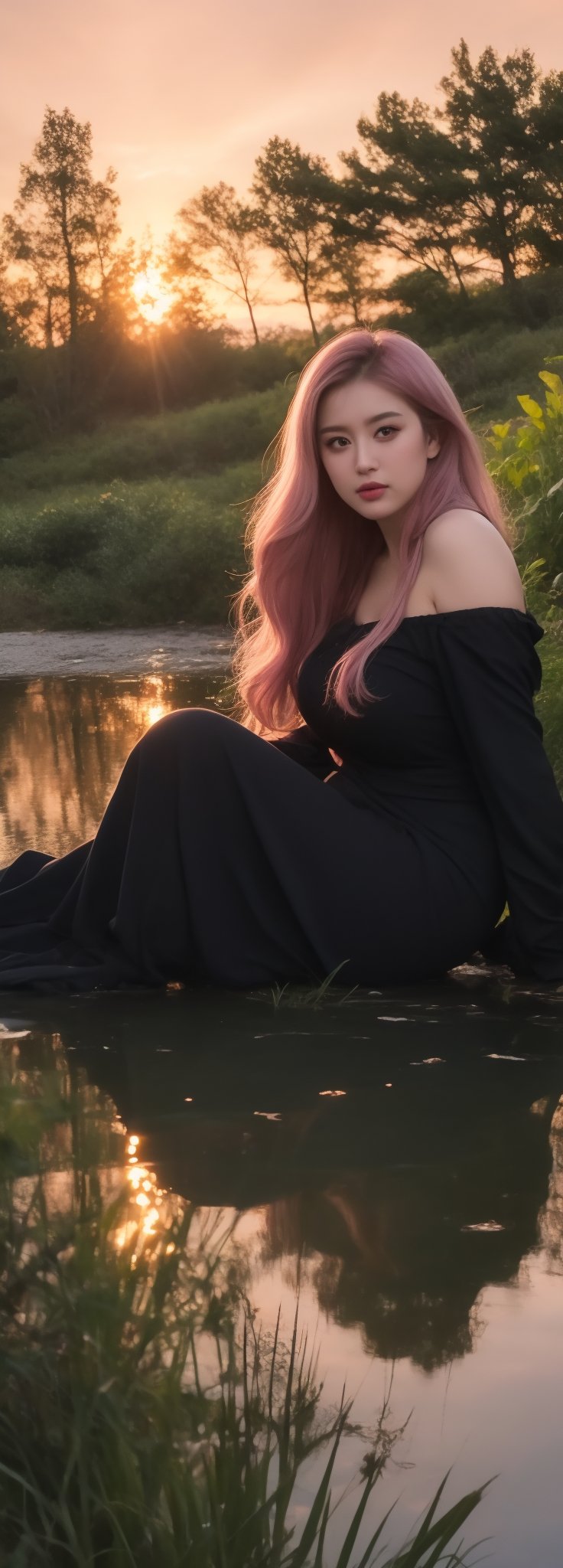 Best work, (Best quality, ,HDR, 8k, 32k, raw photo, photorealistic, UHD:1.2), beautiful 20 year old girl in long black dress at the lakeside in a forest, eyes, pink hair, detailed face, perfect face, pond, dark sky, lights in the background, realism, red sky, detailed sky, realistic clouds, sun, bright environment, late afternoon, sun rays in the clouds,idol,Korean,perfect light,korean,beauty