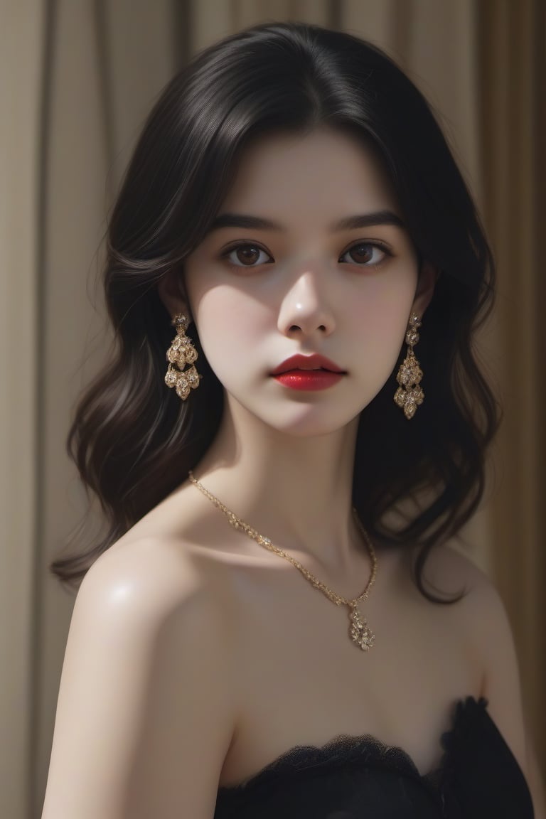 aesthetic portrait, jewelry, solo, bare shoulders, earrings, red lips, blurry, brown eyes, black hair, black eyes, lips, realistic, 1girl, dress, looking at viewer