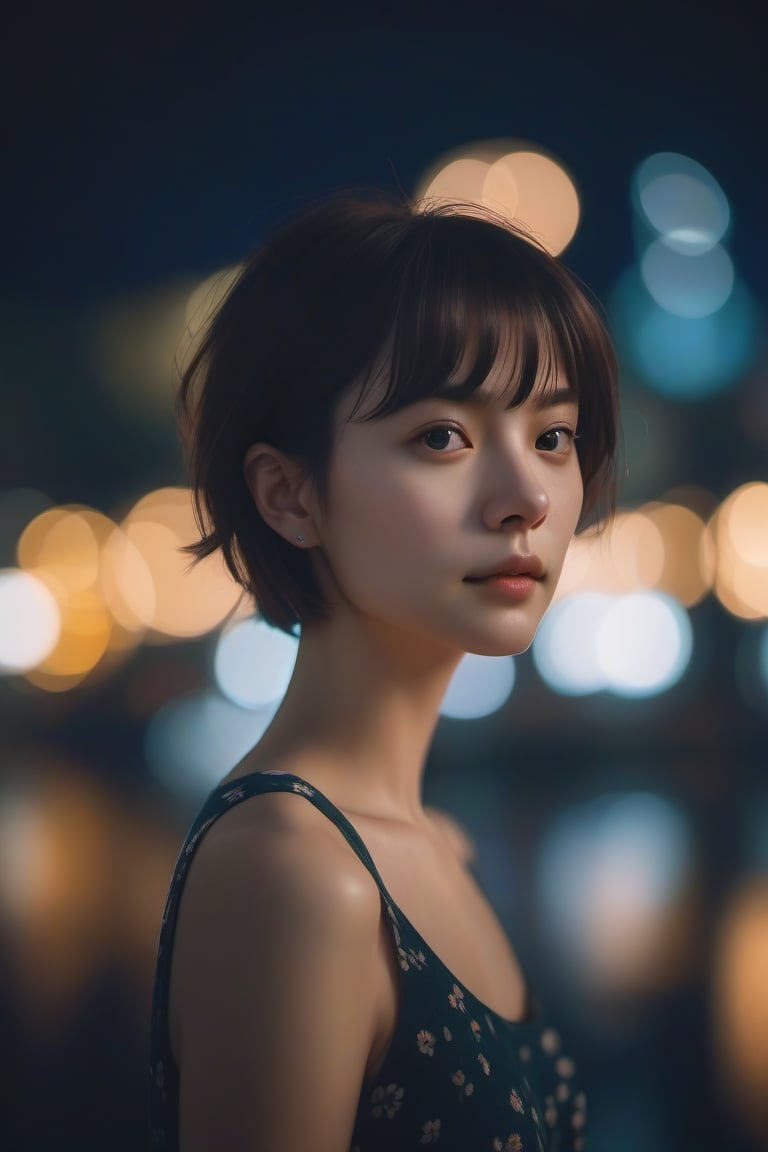  aesthetic portrait, 1girl,solo, short hair, bokeh, depth of field, cinematic, nighttime 