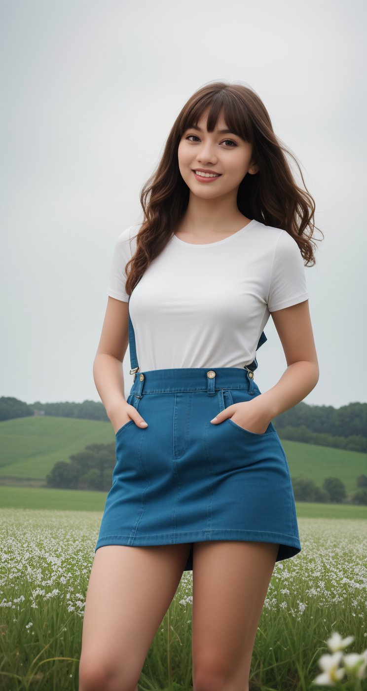 background is flower field,grass field,horizon,wind blowing,petals blowing,16 yo, 1 girl, beautiful girl,smile,
wearing denim overalls skirt,long socks,standing on flower field,holding buquet, cowboy shot,very_long_hair, hair past hip, bangs, curly hair, realhands, masterpiece, Best Quality, 16k, photorealistic, ultra-detailed, finely detailed, high resolution, perfect dynamic composition, beautiful detailed eyes, ((nervous and embarrassed)), sharp-focus, full body shot,pink flower,flower