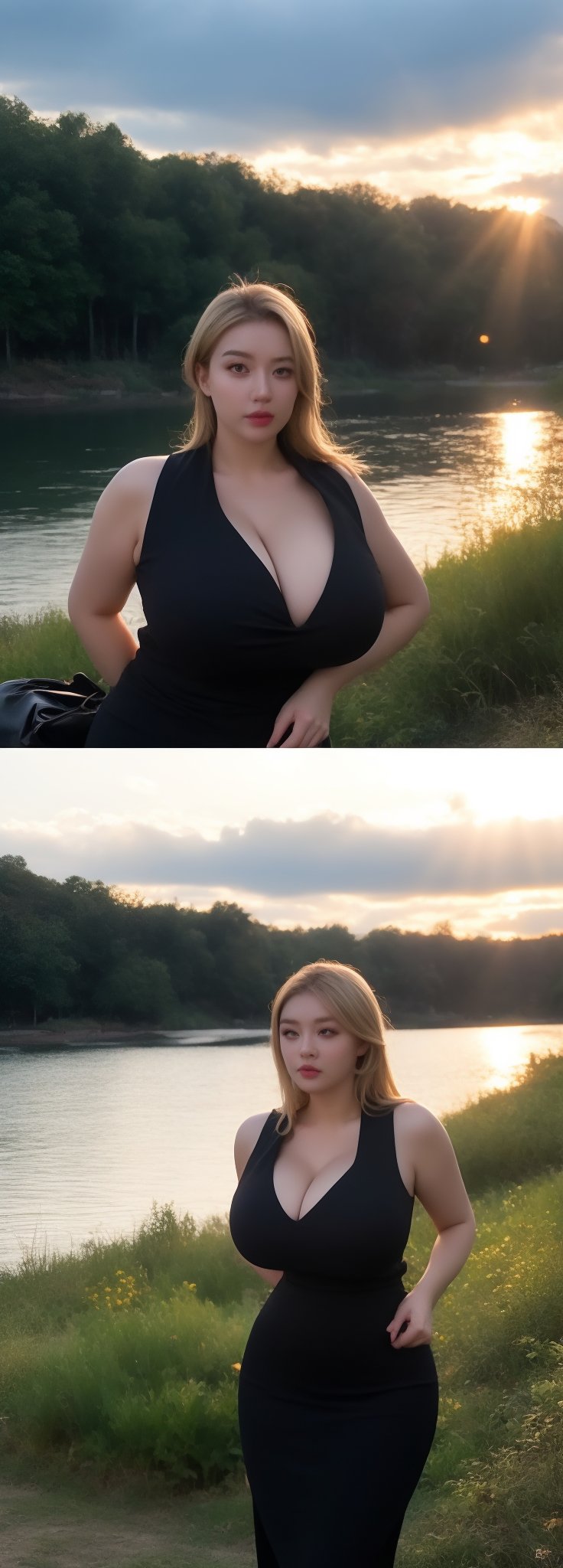 Best work, (Best quality, ,HDR, 8k, 32k, raw photo, photorealistic, UHD:1.2), beautiful 20 year old girl in long black dress at the lakeside in a forest, eyes, yellow hair, detailed face, perfect face, pond, dark sky, lights in the background, realism, red sky, detailed sky, realistic clouds, sun, bright environment, late afternoon, sun rays in the clouds,idol,Korean,perfect light,korean,beauty