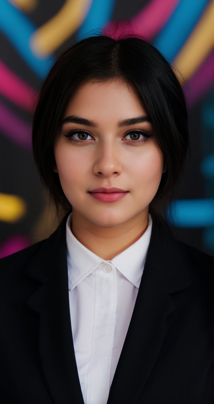 a beautiful girl wearing a black suit and giving a good pose and lighting background in studio and an ai inlfuencer and a colorful hair and pretty face and eyes pretty differnet pose