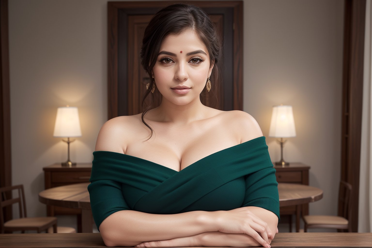  off-the-shoulder knit dress for curvy figures Plus Size woman, The setting should be a luxurious room and The atmosphere should radiate elegance, confidence, and timeless beauty, She is leaning on a wooden table with her left arm and looking directly at the camera,Saree,Extremely Realistic