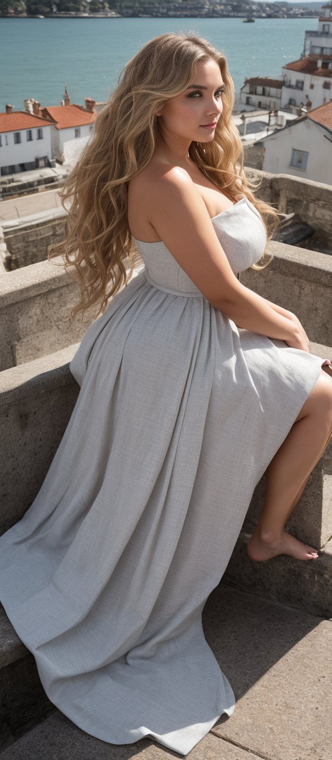 Generate hyper realistic image of a woman with long, voluminous, wavy blonde hair that cascades down her shoulders. The hair is styled in loose, elegant waves. She is wearing a stunning, flowing off shoulders red gown with a fitted bodice, highlighting her shoulders and neckline. The fabric of the dress is rich and luxurious, draping beautifully around her and spreading out on the surface she is seated on. The dress has a long train. She is seated in a relaxed manner, with one leg crossed over the other and her hands resting gently on her knees. Her expression is serene with a slight tilt of her head as she gazes into the distance. he is seated on a ledge overlooking a beautiful seaside town