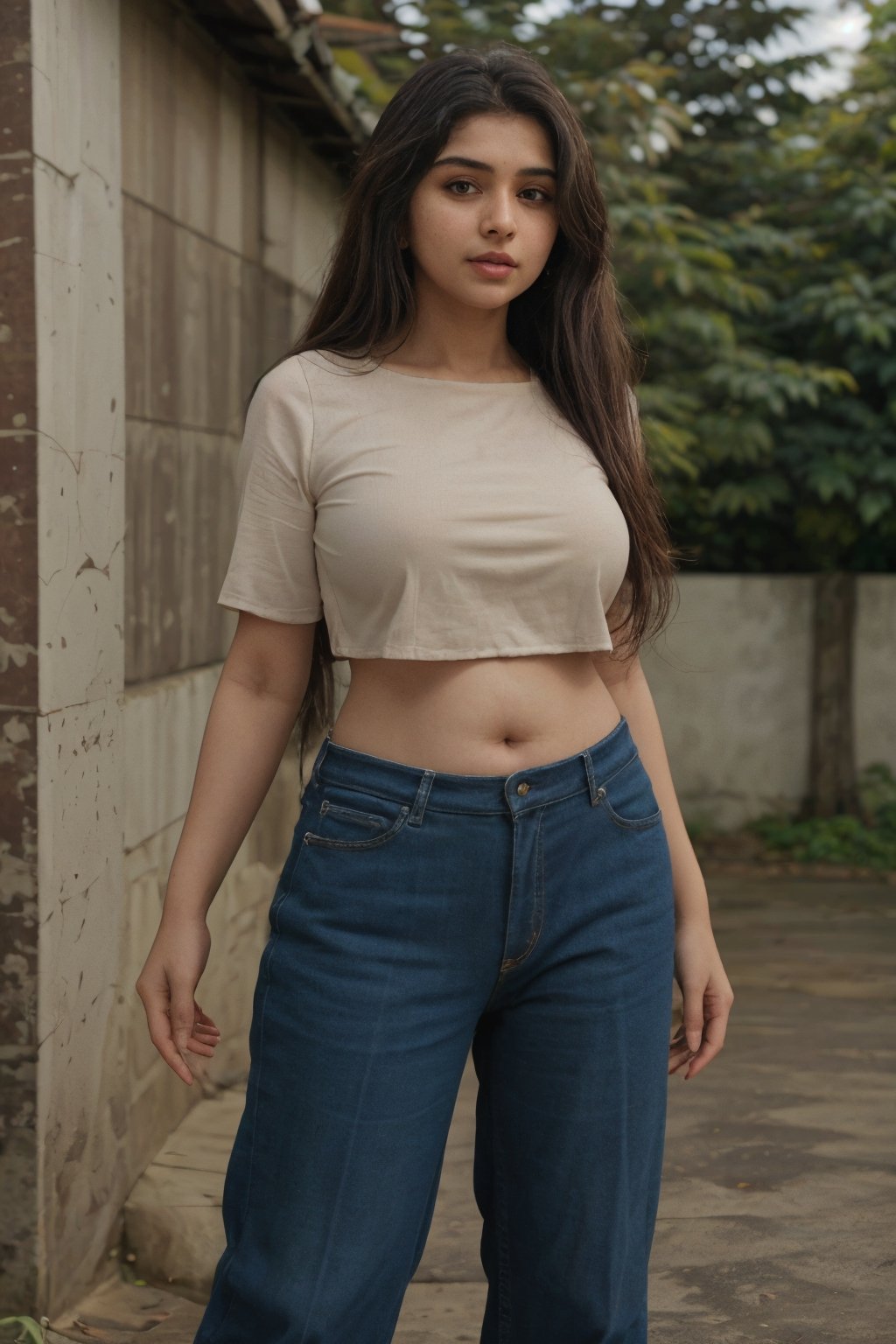 1girl, Kerala beautiful women 18 years old, solo, long hair, brown hair, shirt, t  shaped navel, outdoors, pants, sandals, denim, jeans,  photo background,Tamil girl