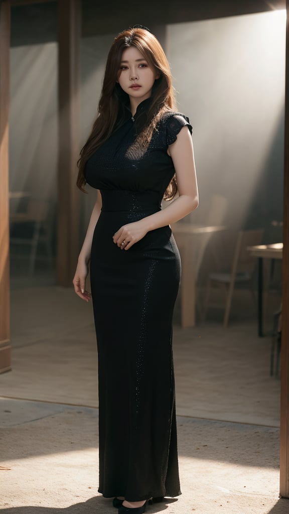 A 45yr beautiful women named Zhao lusi standing pose full body potrait highly detailed realistic face with lighting and shadow control on face and hair photorealistic,Lens Flares,perfect split lighting,shaded face,Young beauty spirit , ,cinematic lightings,1 girl,Extremely Realistic