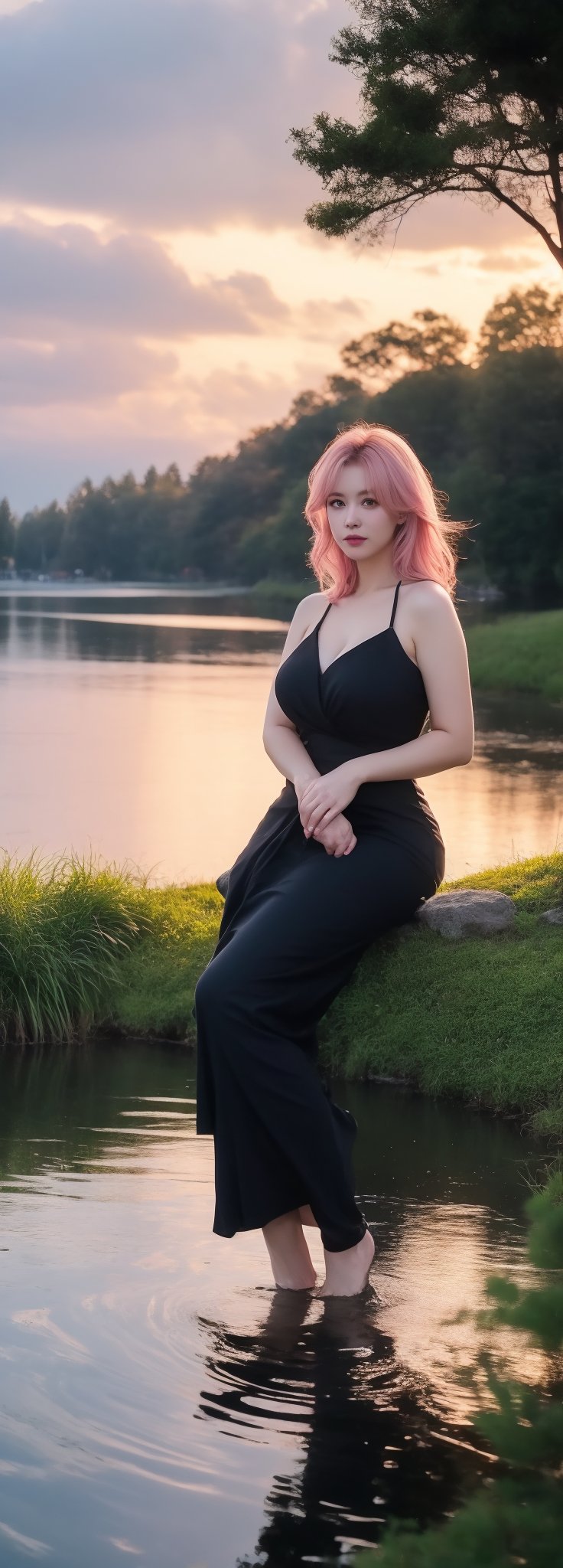 Best work, (Best quality, ,HDR, 8k, 32k, raw photo, photorealistic, UHD:1.2), beautiful 20 year old girl in long black dress at the lakeside in a forest, eyes, pink hair, detailed face, perfect face, pond, dark sky, lights in the background, realism, red sky, detailed sky, realistic clouds, sun, bright environment, late afternoon, sun rays in the clouds,idol,Korean,perfect light,korean,beauty