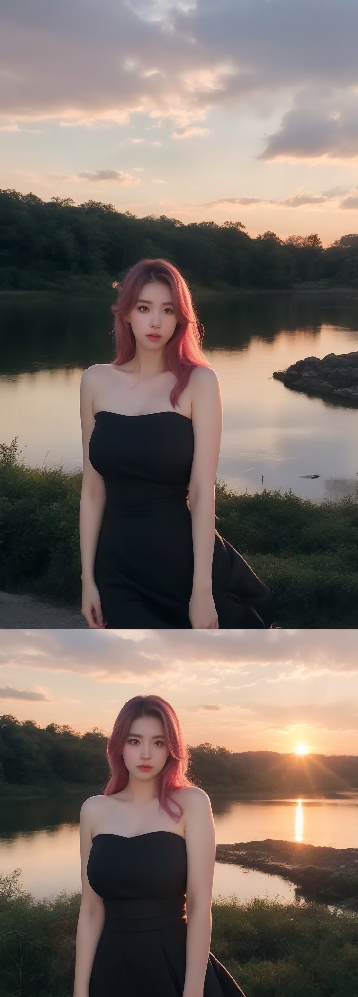 Best work, (Best quality, ,HDR, 8k, 32k, raw photo, photorealistic, UHD:1.2), beautiful 20 year old girl in long black dress at the lakeside in a forest, eyes, pink hair, detailed face, perfect face, pond, dark sky, lights in the background, realism, red sky, detailed sky, realistic clouds, sun, bright environment, late afternoon, sun rays in the clouds,idol,Korean,perfect light,korean,beauty