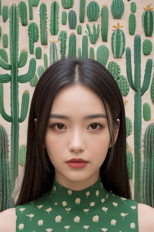 The portrait shows a woman wearing a green dress adorned with cactus-shaped patterns. She is surrounded by a collection of various cacti, some of which have bloomed with flowers. One cactus in particular has grown in the shape of her face, creating a humorous visual pun. The woman is in the center of the portrait, with her cactus collection surrounding her. The face-shaped cactus is placed next to her head, creating a visual connection between the two. The variety of cacti shapes and sizes creates a visually interesting scene, while the color palette of greens and earth tones ties everything together.