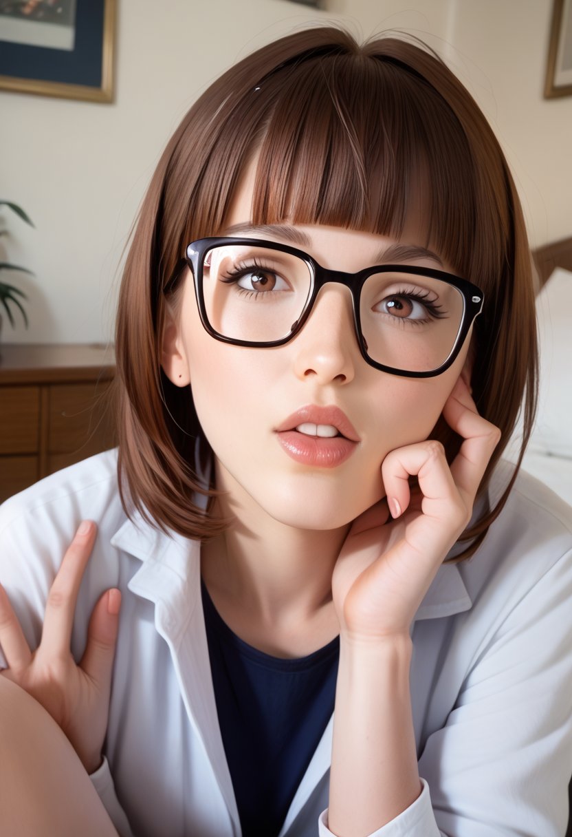 Hyperrealistic art Hyperrealistic art Hyperrealistic art score_9, score_8_up, score_7_up, score_6_up, score_5_up, , BREAK
, eimiFukada, ,
1girl, bangs, black-framed eyewear, blunt bangs, brown hair, glasses, indoors, lips, looking at viewer . Extremely high-resolution details, photographic, realism pushed to extreme, fine texture, incredibly lifelike