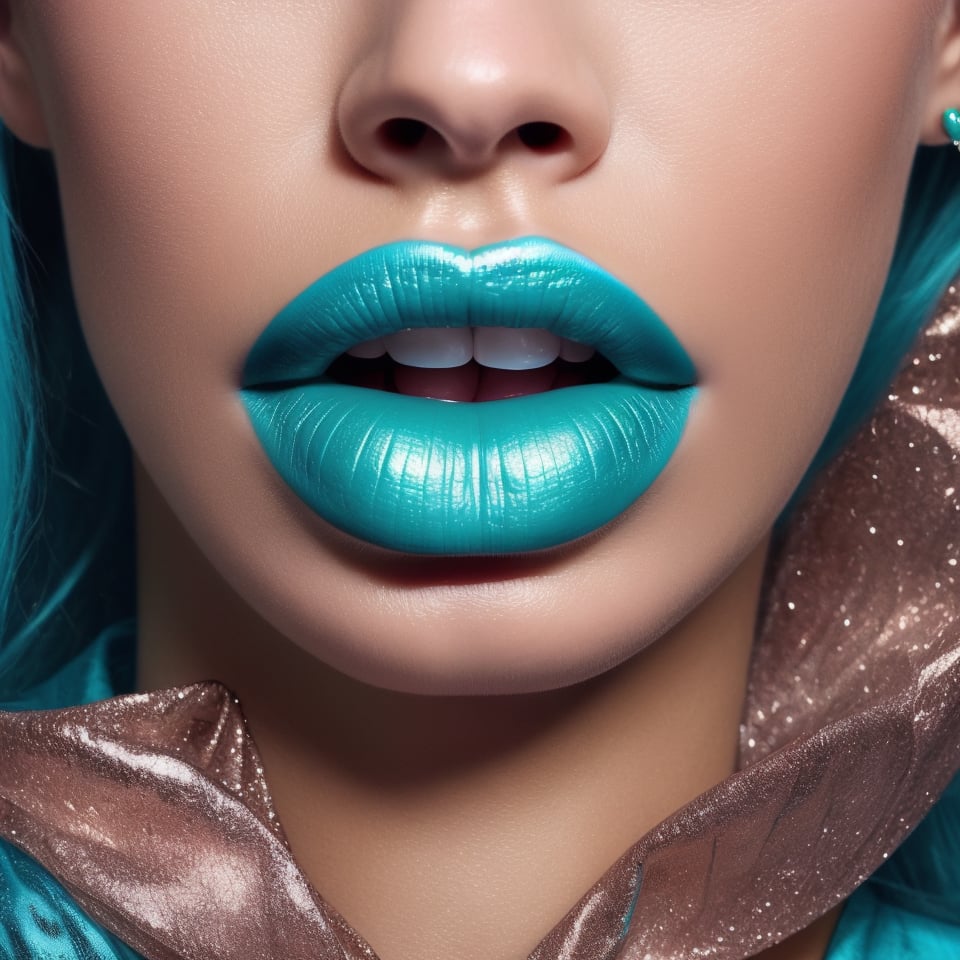 Macro lips, photo of a woman, close up of her face, She is looking at the camera with confident and shiny lips( cyan lips: 1.2) seductive expression, her lips slightly parted, platinum blonde hair,