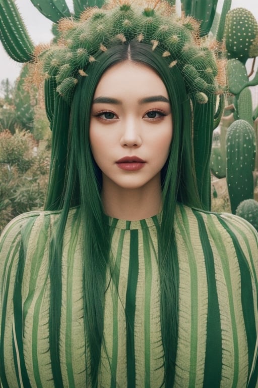 The portrait shows a woman wearing a green dress adorned with cactus-shaped patterns. She is surrounded by a collection of various cacti, some of which have bloomed with flowers. One cactus in particular has grown in the shape of her face, creating a humorous visual pun. The woman is in the center of the portrait, with her cactus collection surrounding her. The face-shaped cactus is placed next to her head, creating a visual connection between the two. The variety of cacti shapes and sizes creates a visually interesting scene, while the color palette of greens and earth tones ties everything together.