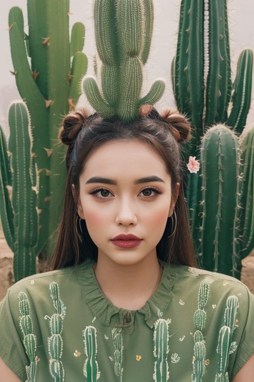 The portrait shows a woman wearing a green dress adorned with cactus-shaped patterns. She is surrounded by a collection of various cacti, some of which have bloomed with flowers. One cactus in particular has grown in the shape of her face, creating a humorous visual pun. The woman is in the center of the portrait, with her cactus collection surrounding her. The face-shaped cactus is placed next to her head, creating a visual connection between the two. The variety of cacti shapes and sizes creates a visually interesting scene, while the color palette of greens and earth tones ties everything together.