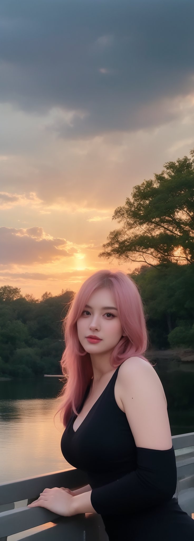 Best work, (Best quality, ,HDR, 8k, 32k, raw photo, photorealistic, UHD:1.2), beautiful 20 year old girl in long black dress at the lakeside in a forest, eyes, pink hair, detailed face, perfect face, pond, dark sky, lights in the background, realism, red sky, detailed sky, realistic clouds, sun, bright environment, late afternoon, sun rays in the clouds,idol,Korean,perfect light,korean,beauty