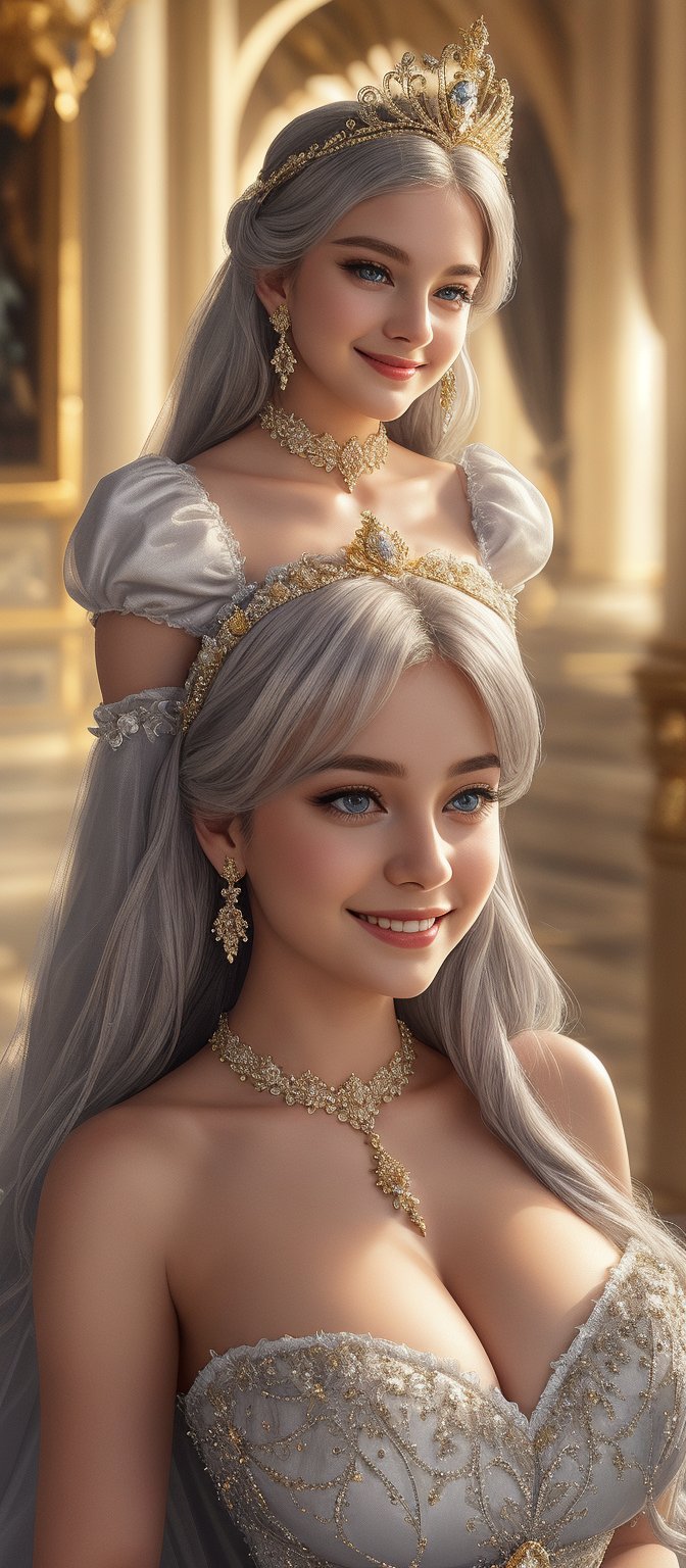 Very beautiful and charming girl, tender smile, silver long hair. She wears a very fancy and chaste princess outfit (Beautiful and elegant princess dress, silver tiara, elengat golden hairpin, beatiful earrings, elegant jewelry). Beautiful skin. Beautitul and detailed eyes. cyan eyes. Her eyes shine, her hair looks nice and shines too. Himecut hairstyle, golden earrings, shining golden hairpin. She's walking in the palace. Sunny day. That feminine beauty is present in her.