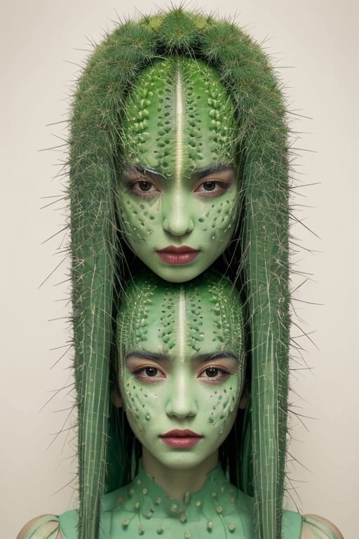 The portrait shows a woman wearing a green dress adorned with cactus-shaped patterns. She is surrounded by a collection of various cacti, some of which have bloomed with flowers. One cactus in particular has grown in the shape of her face, creating a humorous visual pun. The woman is in the center of the portrait, with her cactus collection surrounding her. The face-shaped cactus is placed next to her head, creating a visual connection between the two. The variety of cacti shapes and sizes creates a visually interesting scene, while the color palette of greens and earth tones ties everything together.