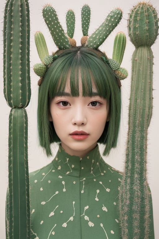 The portrait shows a woman wearing a green dress adorned with cactus-shaped patterns. She is surrounded by a collection of various cacti, some of which have bloomed with flowers. One cactus in particular has grown in the shape of her face, creating a humorous visual pun. The woman is in the center of the portrait, with her cactus collection surrounding her. The face-shaped cactus is placed next to her head, creating a visual connection between the two. The variety of cacti shapes and sizes creates a visually interesting scene, while the color palette of greens and earth tones ties everything together.