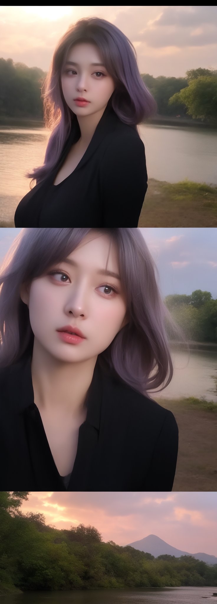 Best work, (Best quality, ,HDR, 8k, 32k, raw photo, photorealistic, UHD:1.2), beautiful 20 year old girl in long black dress at the lakeside in a forest, eyes, purple hair, detailed face, perfect face, pond, dark sky, lights in the background, realism, red sky, detailed sky, realistic clouds, sun, bright environment, late afternoon, sun rays in the clouds,idol,Korean,perfect light,korean,beauty