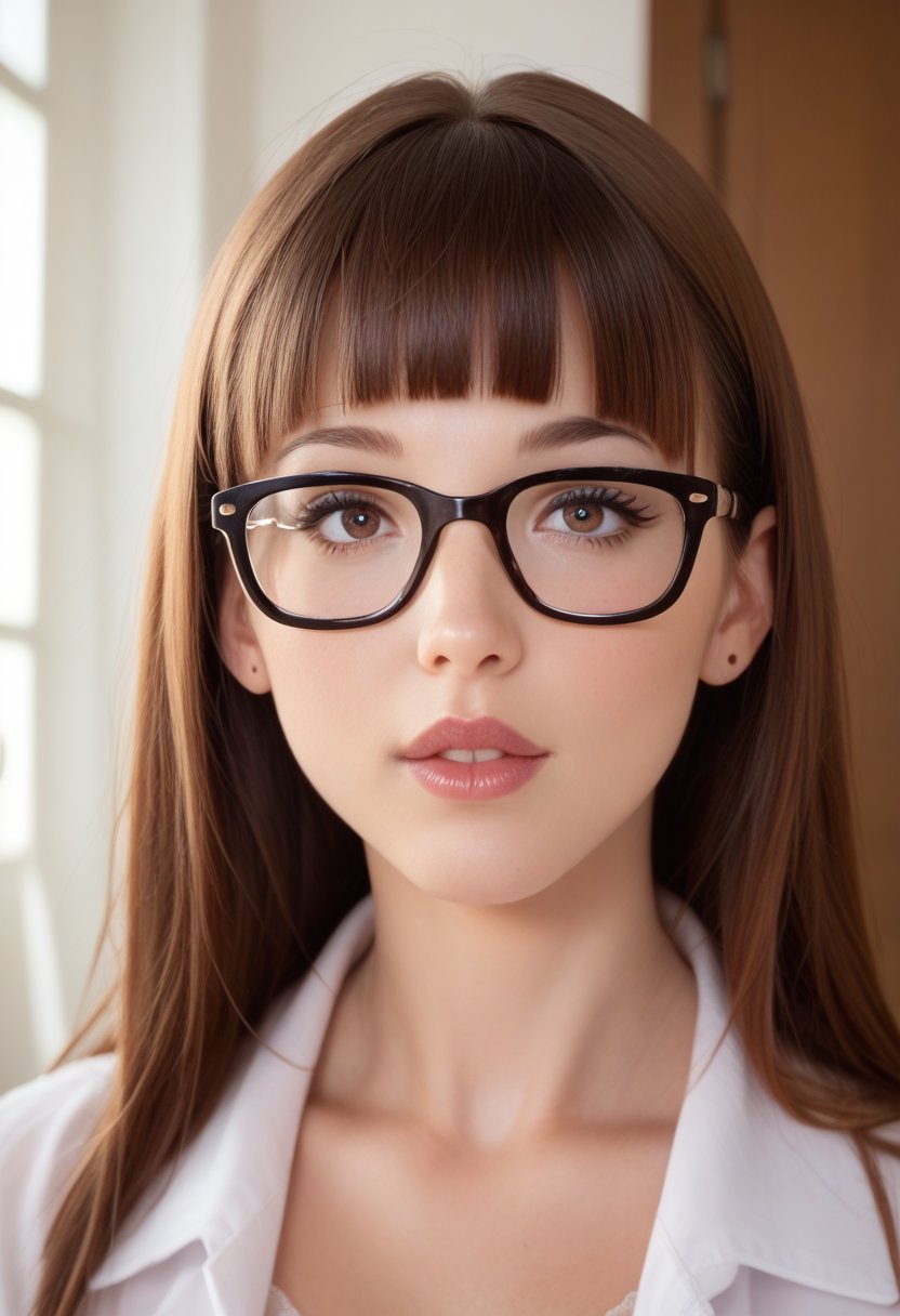 Hyperrealistic art Hyperrealistic art Hyperrealistic art score_9, score_8_up, score_7_up, score_6_up, score_5_up, , BREAK
, eimiFukada, ,
1girl, bangs, black-framed eyewear, blunt bangs, brown hair, glasses, indoors, lips, looking at viewer . Extremely high-resolution details, photographic, realism pushed to extreme, fine texture, incredibly lifelike