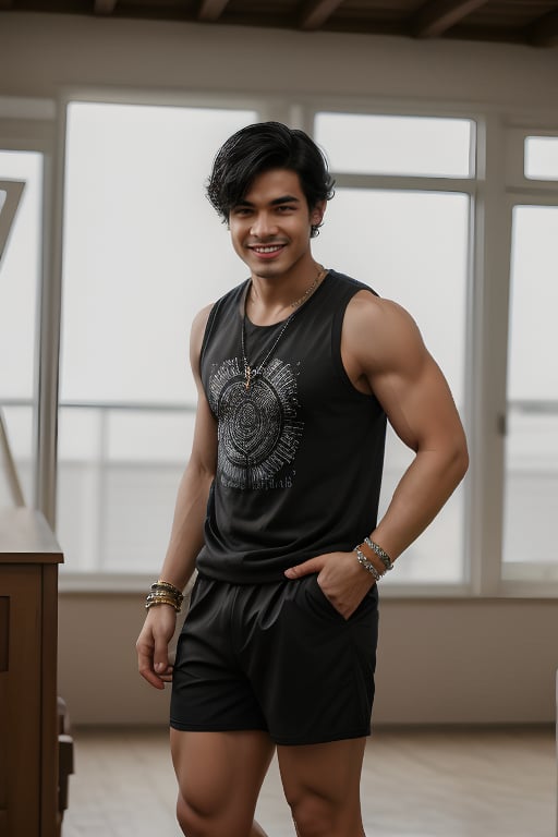 solo, looking at viewer, smile, short hair, shirt, black hair, 1boy, jewelry, standing, full body, male focus, shorts, sleeveless, indoors, bracelet, black shirt, muscular, facial hair, reference inset, both hand-picked up head