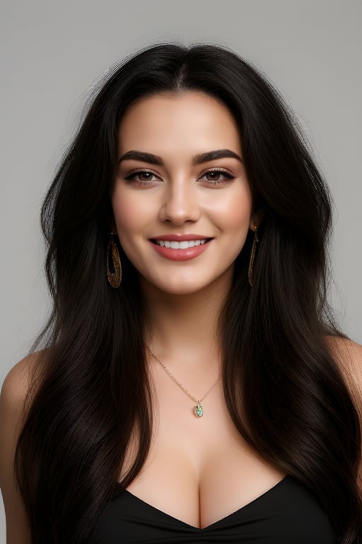 1girl, solo, long hair, breasts, looking at viewer, huge breasts, black hair, dress, jewelry, upper body, earrings, parted lips,, necklace, black eyes, lips, facial
mark, forehead mark, realistic, smiling face