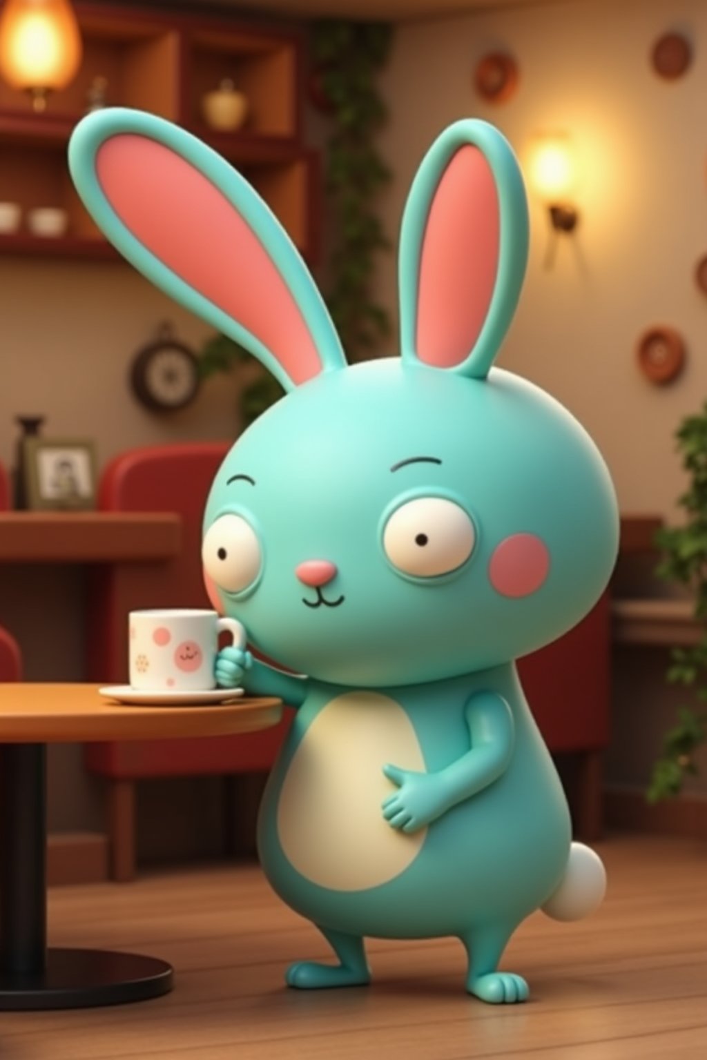 barry buns having a coffee at a cafe, turquoise rabbit, turquoise bunny, 3d