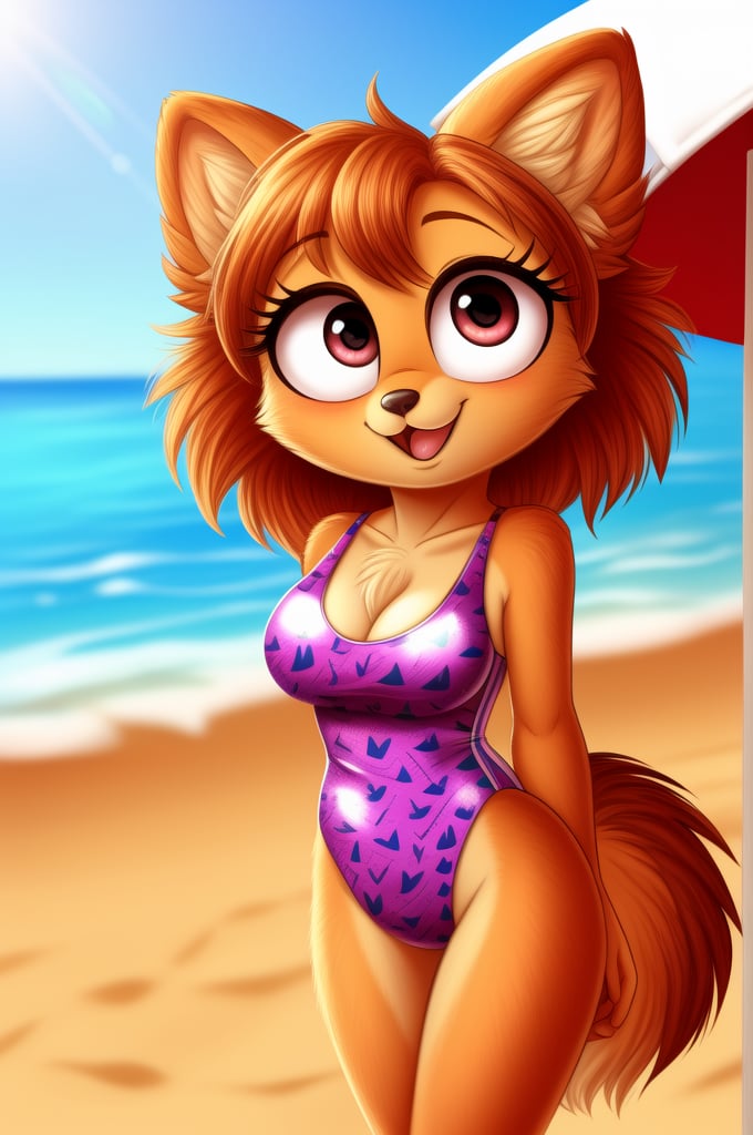 solo (anthro female kiff),
(watermelon pattern swimsuit, breasts, tail, young, body fur, fur tufts, fur fluff, happy, round eyes, big eyes, glistening eyes, big eyelashes, very cute, looking at viewer, standing, outside, beach, hot sunny day)
2d, masterpiece, face closeup,