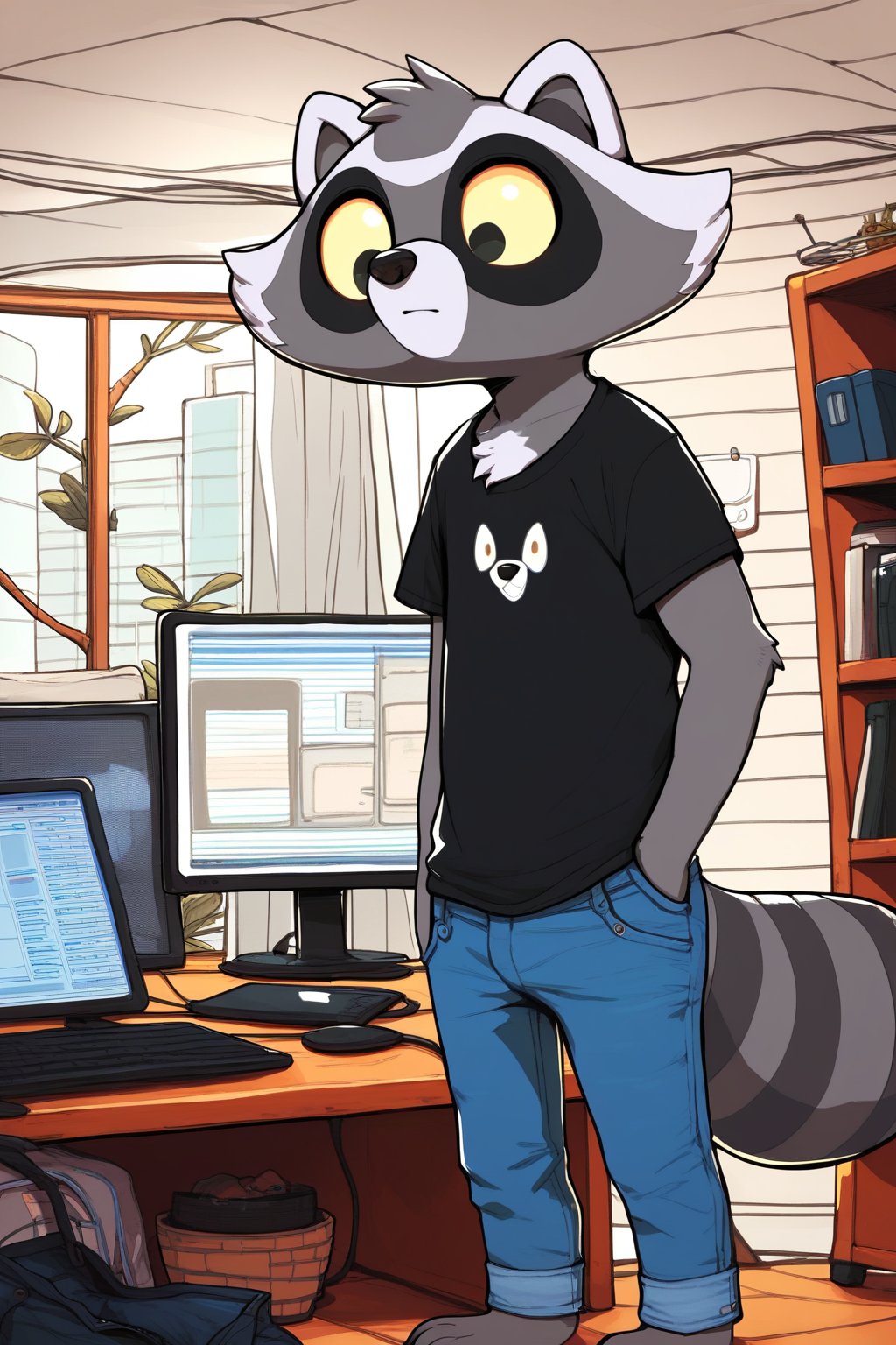 score_9, score_8_up, score_7_up, score_6_up, score_5_up, score_4_up, 1boy, furry male, sfw, black t-shirt, denim jeans, fur on the chest, big eyes, reggie, raccoon, standing, computer room setting, ryuma210 style, 2d