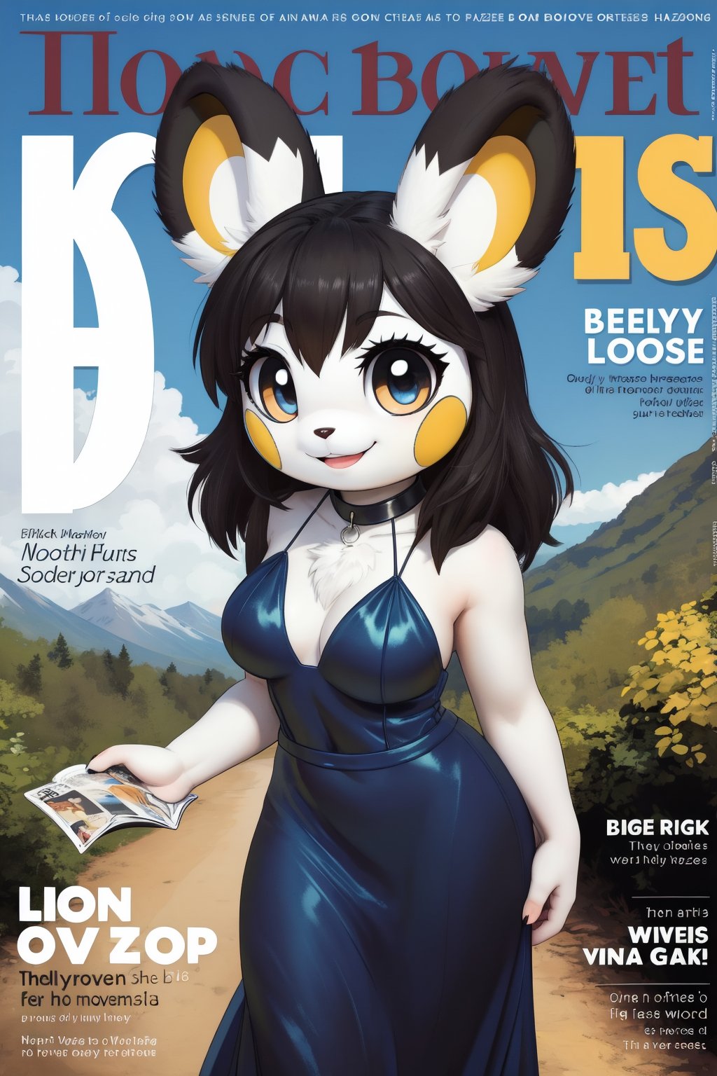 solo (anthro female emolga),
(halterneck evening gown, jewelry, breasts, black long fluffy hair, white body, tall, tail, body fur, fur tufts, fur fluff, round eyes, big eyes, glistening eyes, big eyelashes, very cute, very sexy, looking at viewer, smile, standing, forest walk setting, blue sky view, mountain setting)
3d, masterpiece, face closeup, upper body, emolga, magazine scan,(magazine cover:1.2), cover text, text,