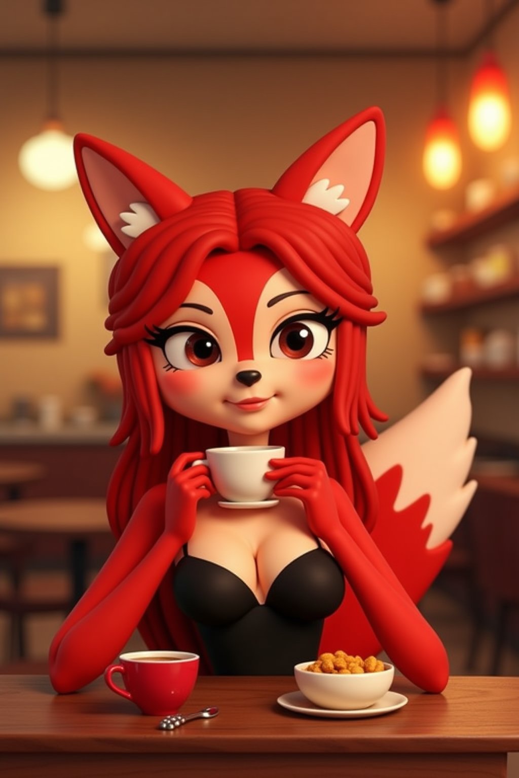 alice having a coffee at a cafe, red vixen, red fox, eyelashes, 3d